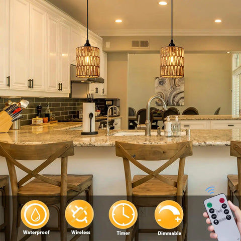 Totally Cordless Boho Rattan Battery Chandelier With A Super Chill Warm White Glow, handwoven light over a kitchen island.