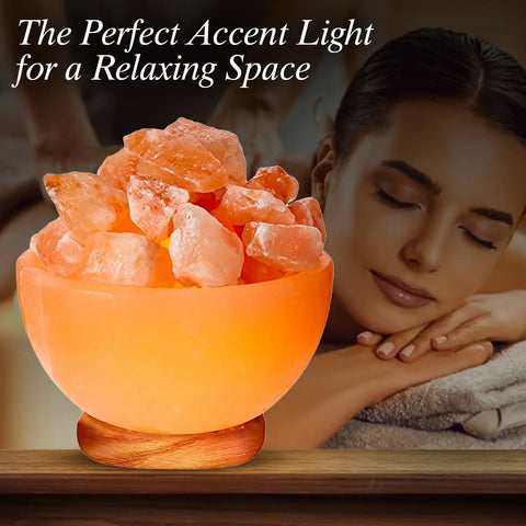Natural Salt Lamp With Massage Bowl Design, Crystal Salt Chunks, Dimmer Cord, Classic Wood Base, cozy vibe for relaxation