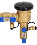 Brass 3/4-inch pressure vacuum breaker backflow preventer for irrigation with blue valve handles and black cap.