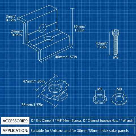 Blueprint of 12 Pack Black Aluminum Solar Panel End Clamps for Standard Unistrut 30mm and 35mm Mounting with hardware