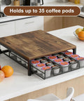 Dope Wooden Coffee Pod Holder With Sliding Drawer on countertop, large capacity K Cup storage showing 35 pods neatly organized