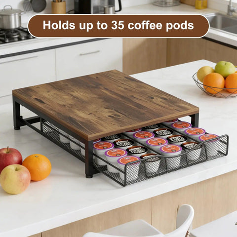 Dope Wooden Coffee Pod Holder With Sliding Drawer on countertop, large capacity K Cup storage showing 35 pods neatly organized