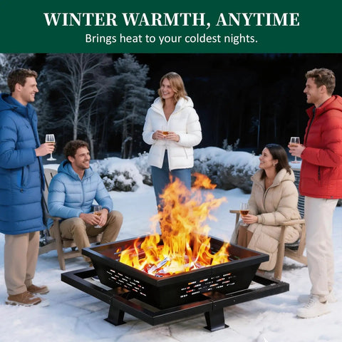 People gathered around 42 Inch Outdoor Fire Pit Heavy Duty Wood Burning Firepit With Poker For Camping Backyard Patio Beefy Steel Pit