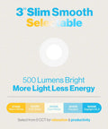 3-inch slim LED light selectable color options 2700K to 6000K, 500 lumens, energy efficient. Text showing color temperatures.