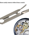 Roller Remover 2810 for Mechanical Watches, pro grade steel precision tool, close-up with watch movement
