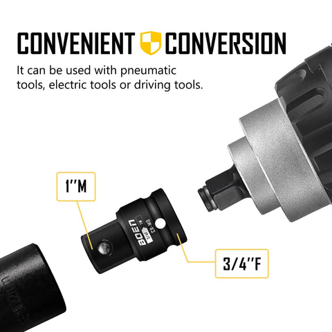Rock Solid 3/4 Female To 1 Male Impact Socket Adapter With Spring Loaded Ball Lock showing one inch male and three quarter inch female ends.