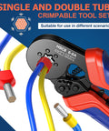 Pro Grade Ferrule Crimping Tool Kit with 1500 Ferrules displayed with crimped wires, dual and single wire connectors, self-adjusting ratchet.