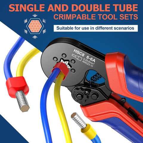 Pro Grade Ferrule Crimping Tool Kit with 1500 Ferrules displayed with crimped wires, dual and single wire connectors, self-adjusting ratchet.