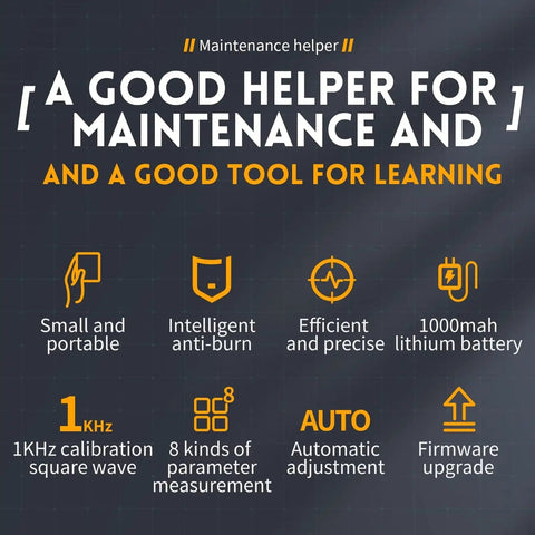 Features of Pocket Automotive Oscilloscope And Multimeter With One Button Auto Calibration DSO152 shown: portable, anti-burn, lithium battery