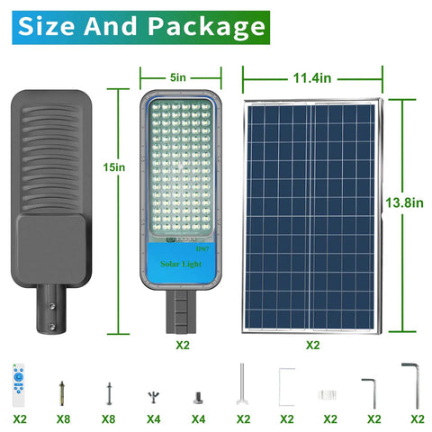 Two Pack 200W Solar Street Light With Motion Sensor Crazy Bright 192 LED Flood Light Dastrutution size and package details