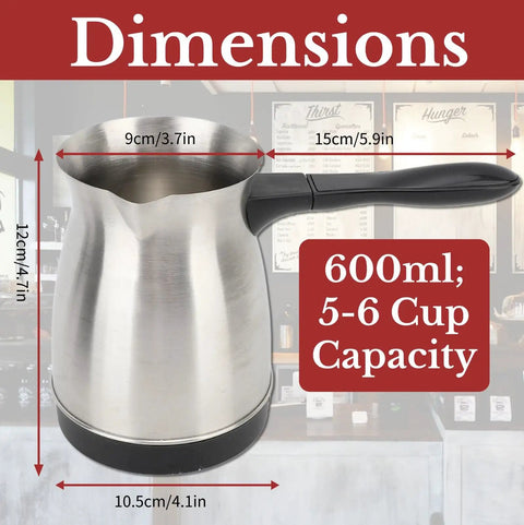 Electric Turkish Coffee Maker 600ml Stainless Steel Pot Warmer Kettle For Home And Travel Large Capacity Cezve Style Brew Machine Arabic Greek Turkish Coffee Cafe Quality Ready In Minutes Anywhere with dimensions displayed