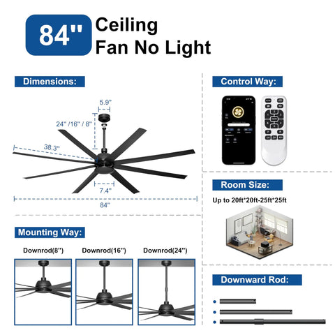 84 Inch Ceiling Fan No Light With Remote And App Control, Beefy Industrial DC Motor For Covered Outdoor Patios, installation options