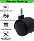 1 Inch Stem Swivel Casters Set Of 4, M6 Threaded Stem, 360 Degree Rotation, Heavy Duty Replacement Castors for furniture, black wheel