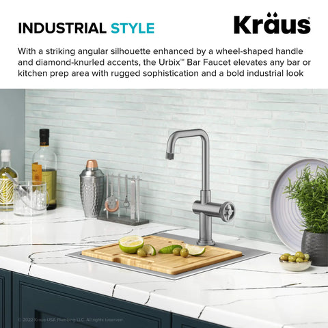 Urbix Industrial Single-Handle Bar Kitchen Faucet in Brushed Gold with Diamond Textured Accents on marble countertop
