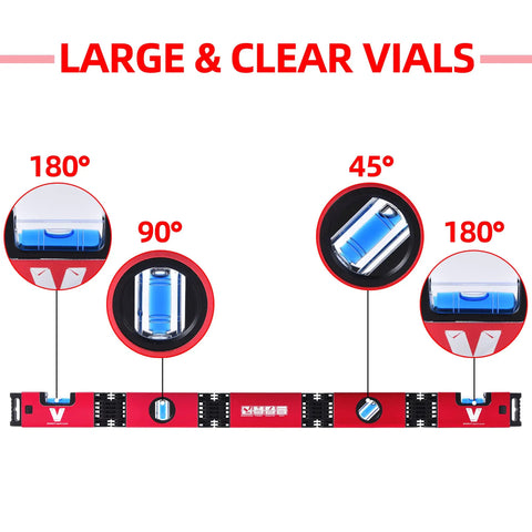 Foldable 28 Inch Magnetic Level With 45 90 180 Bubble Angles, Pro Grade Hinged Measuring Tool, showcases large clear vials
