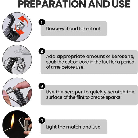 Preparation and use instructions for All In One 3 In 1 Outdoor Lighter With Windproof Flame Reusable Match And Built In Multitool Keychain Bottle Opener Waterproof And Lightweight Everyday Carry Ready Design Two Tone Gold And Silver Finish For Any Adventure.