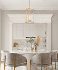 Antique Gold Four-Light Modern Linear Chandelier With Openwork Geometric Frame illuminating a sleek dining space.