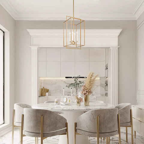 Antique Gold Four-Light Modern Linear Chandelier With Openwork Geometric Frame illuminating a sleek dining space.