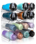 Heavy Duty Four Tier Water Bottle Organizer Rack With Hella Spacious Compartments For Stress Free Beverage Storage In Garage Kitchen Or Pantry Totally Fits Up To Thirty Two Oz Bottles Daily with colorful containers stacked.