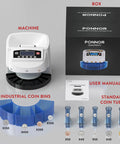 Ponnor Automatic Coin Counter Machine Sorter And Wrapper With Fast 300 Coins Per Minute Speed displayed with user manual and bins.