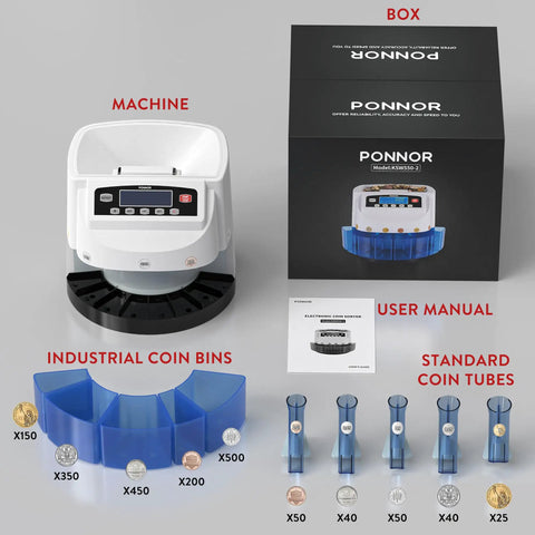 Ponnor Automatic Coin Counter Machine Sorter And Wrapper With Fast 300 Coins Per Minute Speed displayed with user manual and bins.