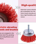 Close-up of nylon filament pro grade abrasive wire brush set with 1/4 inch hex shank, highlighting coarse grit and metal shell.