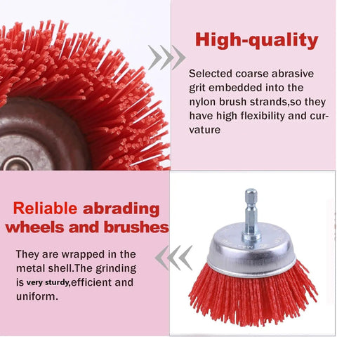 Close-up of nylon filament pro grade abrasive wire brush set with 1/4 inch hex shank, highlighting coarse grit and metal shell.