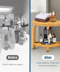Before and after of chaotic bathroom with organized products on 2-Tier Bamboo Shower Bench For Inside Shower No-Slip Legs 16 Inch Waterproof Bathroom Stool With Storage Shelf Sturdy Safe Seating For Seniors Adults Disabled Women Easy To Clean And Durable.