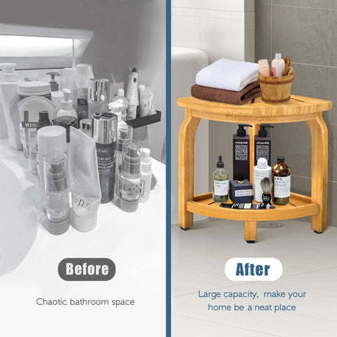 Before and after of chaotic bathroom with organized products on 2-Tier Bamboo Shower Bench For Inside Shower No-Slip Legs 16 Inch Waterproof Bathroom Stool With Storage Shelf Sturdy Safe Seating For Seniors Adults Disabled Women Easy To Clean And Durable.