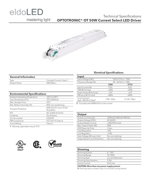 Technical specifications sheet for Pack Of 5 50W Constant Current LED Driver For Non Dimmable Lighting Universal 120-277V AC Input 20-36V DC Output Current Select 1200mA 1300mA 1400mA UNV Replacement Compatible With Osram 57439.