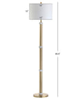 Brass Gold And Marble LED Floor Lamp With White Linen Drum Shade, 60.5 inches tall. Modern contemporary standing light for living room or bedroom.