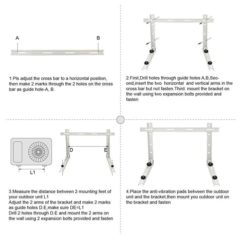 Installation guide for heavy duty outdoor wall mount bracket for ductless mini split condensers and heat pumps.