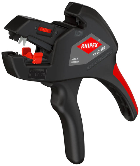Black and red wire stripping tool with grip handle showing measurement indicators, suitable for 10-24 AWG cables.