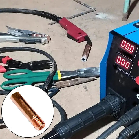 Premium 30 Pack Mig Welding Gun Copper Contact Tips In Three Sizes For Miller And Hobart M Series Guns Heat Resistant And Built To Last, displayed with welding tools.