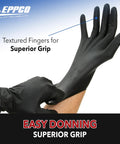 Hardcore Black Nitrile Gloves, Commercial Grade Automotive Mechanic And Garage Workwear, 6 Mil Thick Disposable Shop Gloves With Top Shelf Durability And Slip Resistant Grip, Large Size, 100 Count Box showing textured fingers for improved grip.