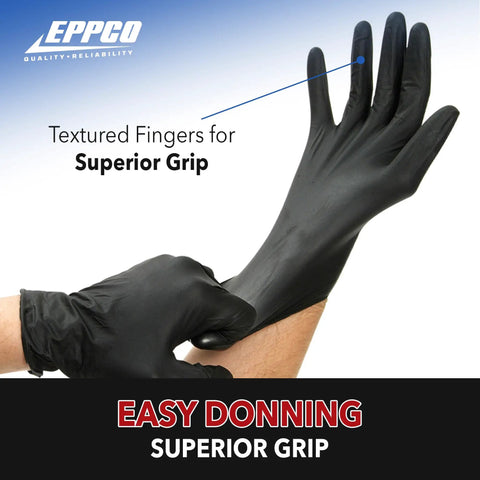 Hardcore Black Nitrile Gloves, Commercial Grade Automotive Mechanic And Garage Workwear, 6 Mil Thick Disposable Shop Gloves With Top Shelf Durability And Slip Resistant Grip, Large Size, 100 Count Box showing textured fingers for improved grip.