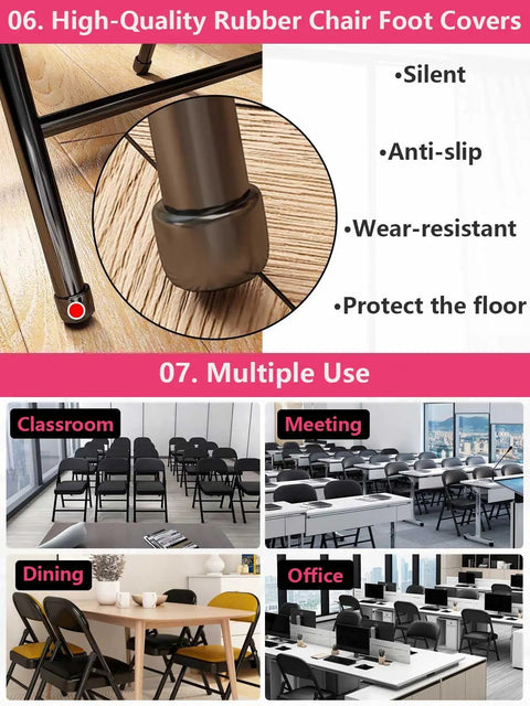 Comfy Folding Chair With Padded Cushion And Sturdy Black Steel Frame in classroom, meeting, dining, and office settings