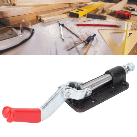 Push Pull Toggle Clamp For Heavy Duty Welding And Fabrication, 30607M Or 36330M, shown on workshop table, 41.3mm to 50.8mm stroke.