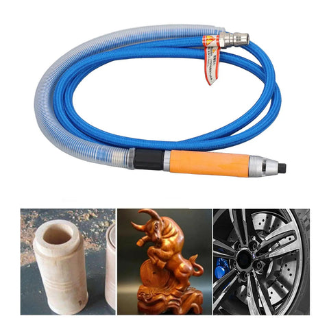 Lightweight Pneumatic Grinding Pen Straight Handle with blue hose, for engraving, chamfering, and polishing metal, wood, and plastic.