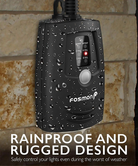 Rock Solid Waterproof Dusk To Dawn Plug In Outdoor Light Timer With Wireless Remote front view showing rainproof design.