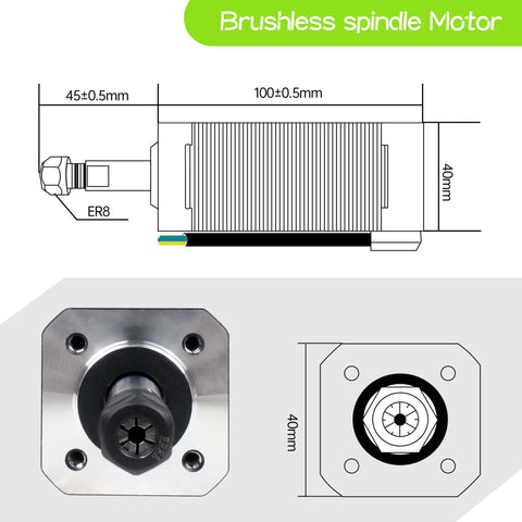 Technical diagram of a 24V DC Brushless Spindle Motor 10800 RPM 104W Air Cooled ER8 with dimensions and mounting details.