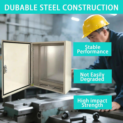Heavy Duty Carbon Steel Electrical Enclosure 10x8x6 Inch IP66 Waterproof Metal Junction Box with open door, showcasing durable construction.