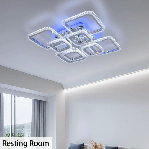 Dope Modern Ceiling Light Fixture with 23.6 Inch LED Panel and Five Square Lamps in resting room, perspective view.