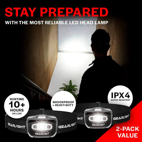Two Pack AAA Battery Powered Head Lamp With Red Light Adjustable Headband 7 Modes Bright Hands Free For Running Camping Hiking Fishing Hunting And Home Repairs