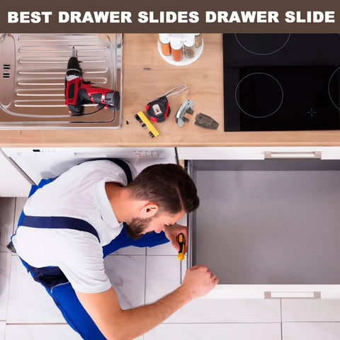 Man installing Replacement Drawer Guide Kit Pack Of 5 Sets With Beefed Up Heavy Duty Center Mount Rails Roller Stops