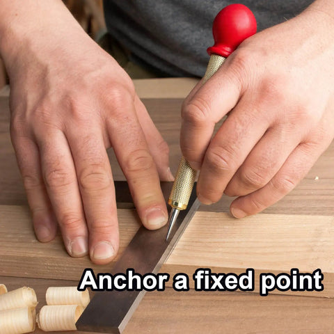 Hands using an Automatic Spring Loaded Center Punch With Cap Quick Strike Marking Tool for precise marking on wood.