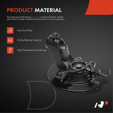 Front Left Steering Knuckle And Wheel Bearing Hub Assembly For Ford Transit Connect 2014 2015 2016 2017 2018 With 104.8 Inch Wheelbase Driver Side Loaded With Hub Bearing And Dust Shield Fits 104.8 Inch Wheelbase Only Ready To Roll, shown in cast iron/steel material on dark background with high temperature hardening features.
