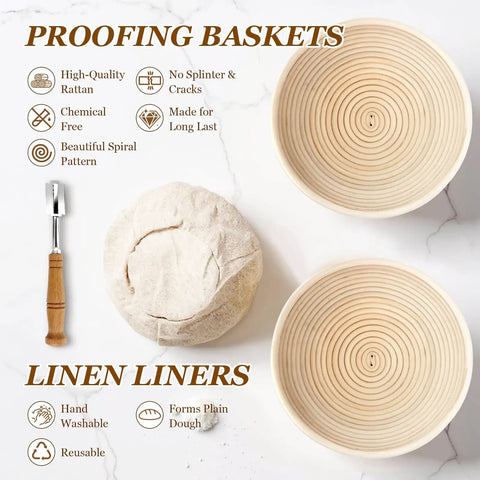 Pro Grade Sourdough Starter Kit With 2 9 Inch Round Banneton Proofing Baskets 24 Oz Glass Jar Danish Dough Whisk And Scraper For Quick Easy Artisan Bread Making At Home featuring rattan baskets and dough.