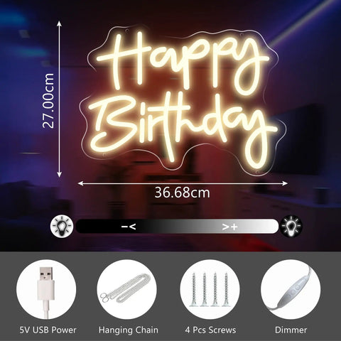 Happy Birthday Neon Sign For Wall Decor 23.6 By 8.3 Inch LED Light With Plug Adapter Lit Ultra Bright Safe Acrylic Neon.