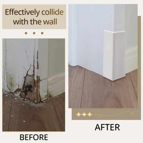Before and after using Baseboard Corner Blocks Self Adhesive Rubber Safety Protectors for Walls and Furniture Edge Guard Cushions White 8 Pieces